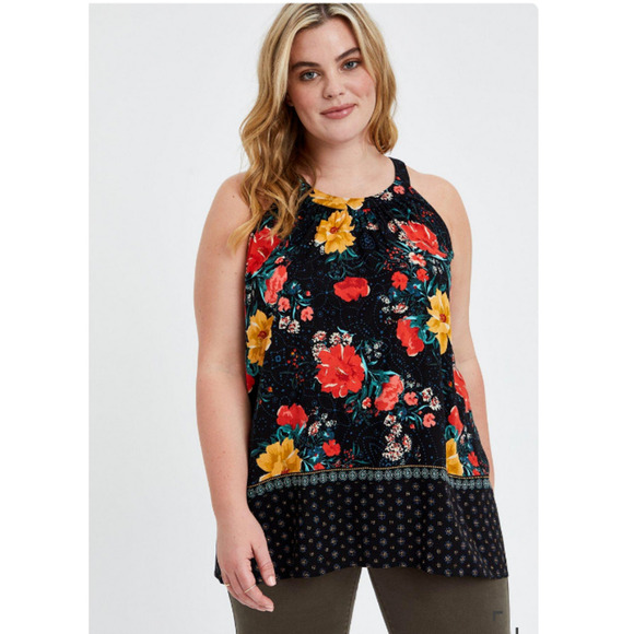 Torrid Size 1 XL 1X Goddess Tank Top Tunic Blouse Black Floral Rayon Stretch - Picture 1 of 8